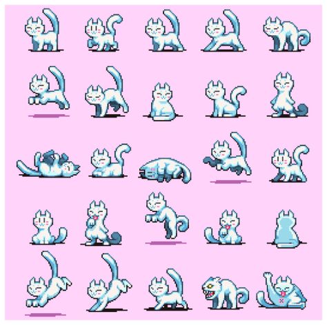 Cat poses. Cat Sprite Sheet, Pixel Art Assets, Sanrio Kandi, Swag Drawings, Pixel Art Cat, Pixel Art Animation, Animation Frames, Cat Pixel Art, Sprite Art