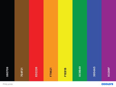 #philly #pride #flag #palette #hex Ally Pride, Straight Ally, Pride Flag Colors, Pride Colors, Hex Codes, Pride Flag, World Of Color, Pride Flags, Color Pallets