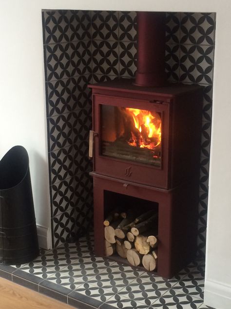 Woodburner and retro tiles- The Over To You Ginger House Woodburner Tiles Ideas, Tiles Behind Stove Wood Burning, Tiled Fireplace Recess, Tiled Fireplace Woodburner, Wood Burner Tiles, Tiles Behind Log Burner, Log Burner Tiles Behind, Log Burner Tiles, Tiled Log Burner Fireplace