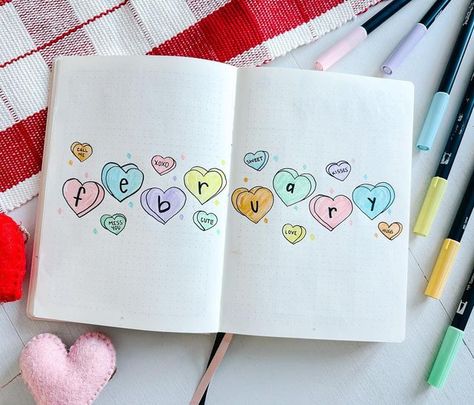 Jaclyn Toms on Instagram: "💗 February 💛 Cover 💚 Page 🧡 This months theme is candy conversation hearts! ❤️💙 Although candy hearts don’t taste very good, they are very cute to draw! 🤷🏻‍♀️ 😅 Tell me, what theme did you choose for February? #februarybulletjournal #candyhearttheme #monthlytheme #bulletjournal #planwithme #journaling #bujo #bulletjournaltheme #bulletjournalcommunity #bulletjournalling #monthlyspread #bujospread #2023planner #showmeyourplanner #bujocommunity #bujomonthly #habit February Dot Journal, Feb Bujo Cover, February Reading Journal, February Bujo Theme, February Journal Cover, Candy Heart Drawing, Febuary Spreads Bullet Journal, Valentines Design Ideas, February Drawings