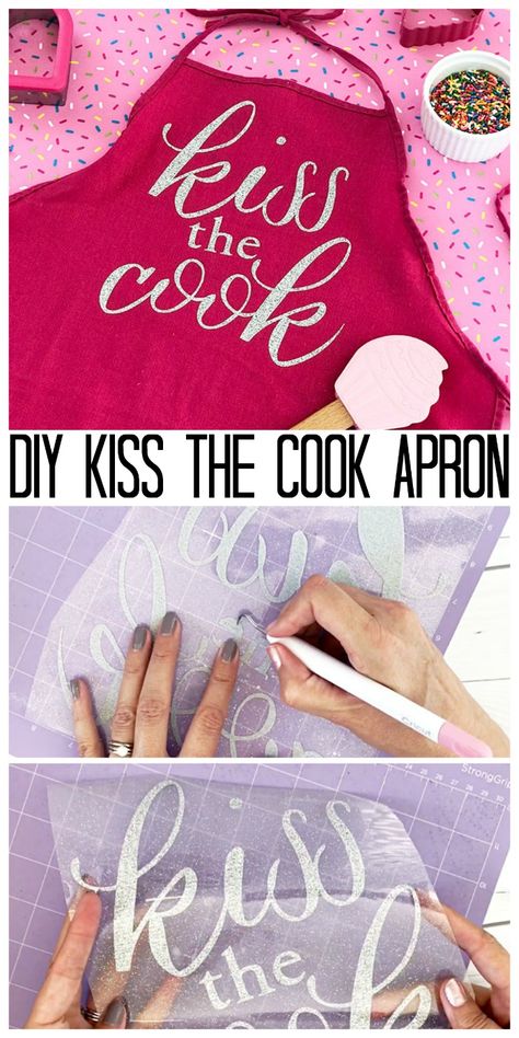 Make this DIY kiss the cook apron as a gift or for yourself!  It is super easy with a Cricut machine and iron-on vinyl! Apron Sayings, Kiss The Cook Apron, Vinyl Sayings, Cricut Sayings, Silouette Cameo, Cooking Aprons, Diy Project Ideas, Cricut Gifts, Apron Ideas