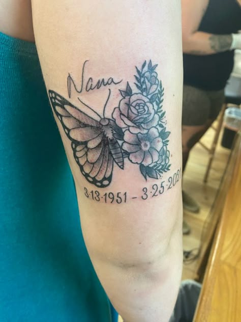 Butterfly Tattoo Memorial Grandmothers, Butterflies Memorial Tattoo, In Remembrance Tattoos Butterfly, First Tattoo Ideas Butterfly, Memory Butterfly Tattoos, Tattoo For Nana Passing, Tattoo Ideas For Your Grandma, Rose Memorial Tattoo Grandmothers, Flower Tattoos For Lost Loved Ones