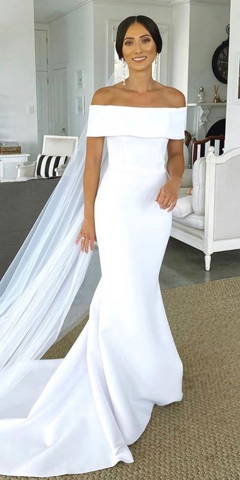 Classic Satin Wedding Dress Off The Shoulder, Straight Off The Shoulder Wedding Dress, Wedding Dresses Mermaid Modest, Wedding Dresses Bardot, One Shoulder Mermaid Wedding Dress, Off The Shoulder Wedding Dress Simple, Strapless Mermaid Wedding Dress Simple, Fitted Off The Shoulder Wedding Dress, Wedding Dresses Simple Mermaid