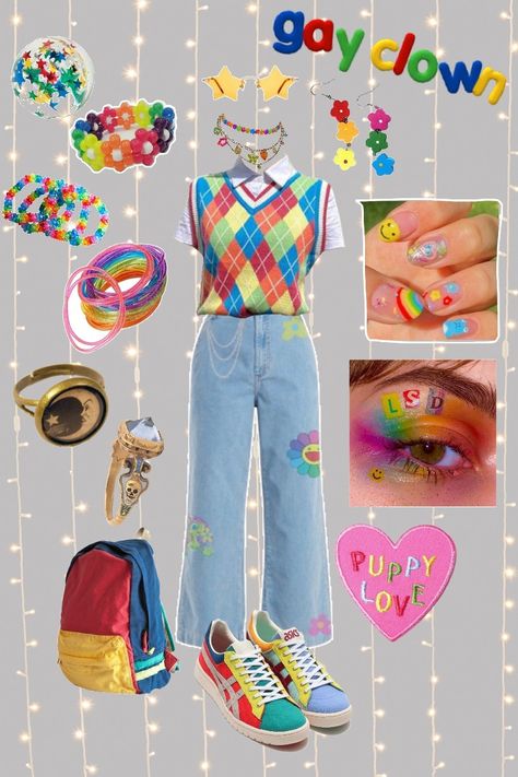 Core Aesthetic Outfits, Clowncore Kidcore, Clowncore Outfit, Outfits Colourful, Kid Core Outfits, Weirdcore Outfits, Kidcore Outfit, Kid Core Aesthetic, Aesthetic Items