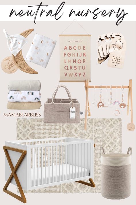 This pin shows a hero graphic of neutral white and natural toned nursery items like a crib, rug, baskets, wall decor, and other baby necessities. Amazon Nursery Decor, Nursery Inspiration Neutral, Neutral Baby Nursery, Decor From Amazon, Minimalist Nursery, Baby Nursery Neutral, Nursery Items, Neutral Home Decor, Neutral Minimalist