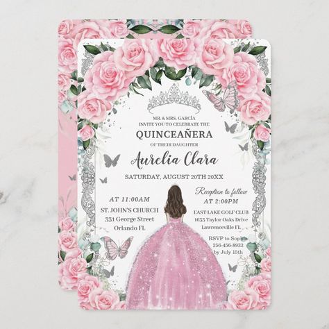 Quinceañera Invitations, Invitations Quinceanera, Quinceanera Pink, Princess Invitation, Rose Gold Princess, Flower Birthday Party, Quince Invitations, Butterfly Invitations, Silver Invitation