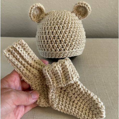 Crocheted With A Soft Acrylic Yarn. Color Is Oats. Approximately For A 7-9lbs Baby. Hat - 13” - 14” Circumference, 4 1/2” Height. Booties - Made For 3.5” Feet. Width Around Ankle Is 4”. Width On Front Of Toes Is 1 1/2”. Please Measure If Unsure Of Head And Foot Size. Handmade In A Smoke Free Home. Newborn Hats, Cap Patterns, Bear Hat, Handcrafted Accessories, Crochet Baby Hats, Baby Hat, Neutral Baby, Baby Hats, Acrylic Yarn