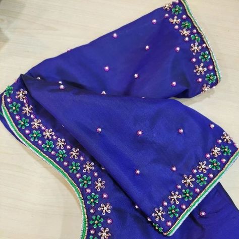 Dm me to order....... . . . #aari #aaridesign #aariwork #handembroidery Simple Boat Neck Aari Work Blouse Designs, Simple Neckline Maggam Works, Simple Maggam Work Neck Designs, New Model Maggam Work Designs, Maggam Simple Designs, Blouse Simple Hand Work Designs, Simple Arya Work Designs, Simple Work Blouses For Pattu Sarees, Simple Blue Blouse Designs Thread Work