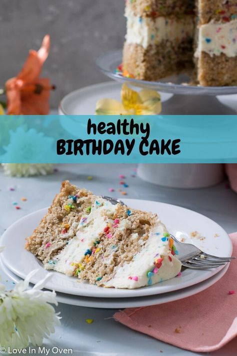 Happy Birthday! This whole wheat healthy birthday cake is a low sugar birthday cake that still has all of the sprinkles and fun with fewer naughty ingredients! // healthy birthday treats // healthier cake recipes // low sugar birthday cake Healthy Half Birthday Cake, Healthier Cake Recipes, Low Sugar Birthday Cake, Healthy Birthday Cake Alternatives, Healthy Birthday Treats, Healthy Birthday Cake, Delicate Desserts, Healthy Smash Cake, Birthday Cake Alternatives