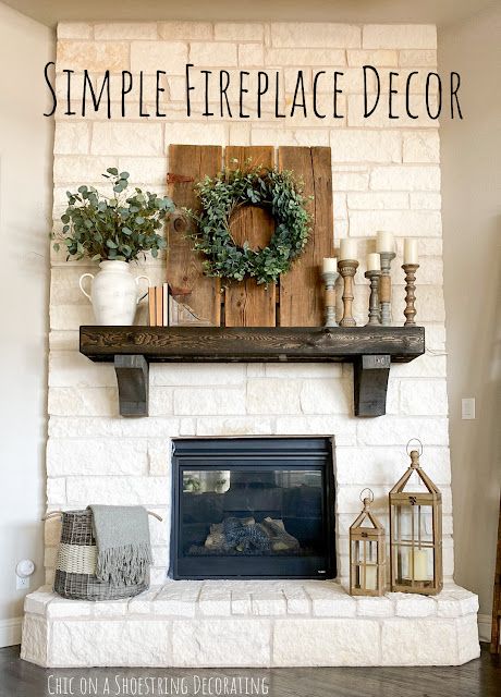 Fireplace Mantle Decor Tall Wall, Fire Place Shelf Decoration Ideas, Lakehouse Mantle Decor, Decorating Above Fireplace Mantels, Simple Fireplace Mantle Decor, Fireplace Decor Without Tv, Rustic Chic Mantle Decor, Fireplace Secor, Large Fireplace Decor