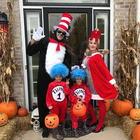 Dr Suess Family Halloween Costumes, Costume Ideas For Family Of Four, Dr Seuss Halloween Costumes Families, Dr Seuss Group Costumes, Dr Seuss Family Costume, Matching Family Halloween Costumes For 4, Halloween Costume Family Of Five, Cat In The Hat Family Costumes, 4 Family Halloween Costume