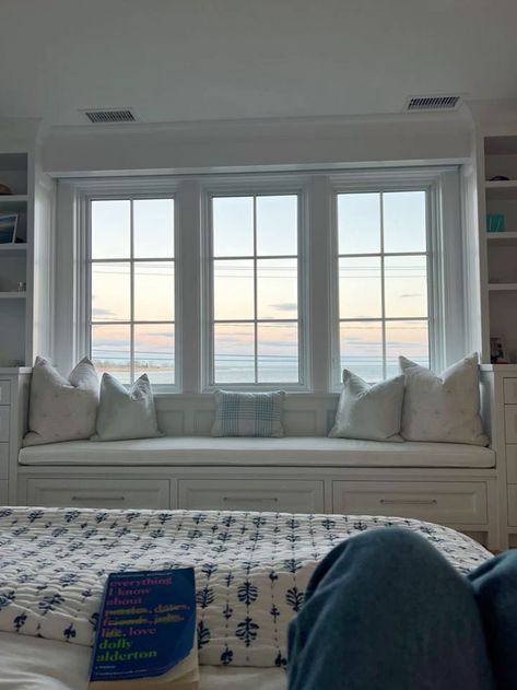 coastal bedroom | room decor | beachy room | blue and white | ocean views | sunset | window seat | cape cod Coastal Window Seat, Window Seat Ideas Aesthetic, Blue And White Summer Aesthetic, East Coast Home Decor, Costal Grandaughter Bedroom Aesthetic, Cape Cod Aesthetic House, Beach House Bedroom Aesthetic, Coastal Bedrooms Aesthetic, Beachy Blue Bedroom