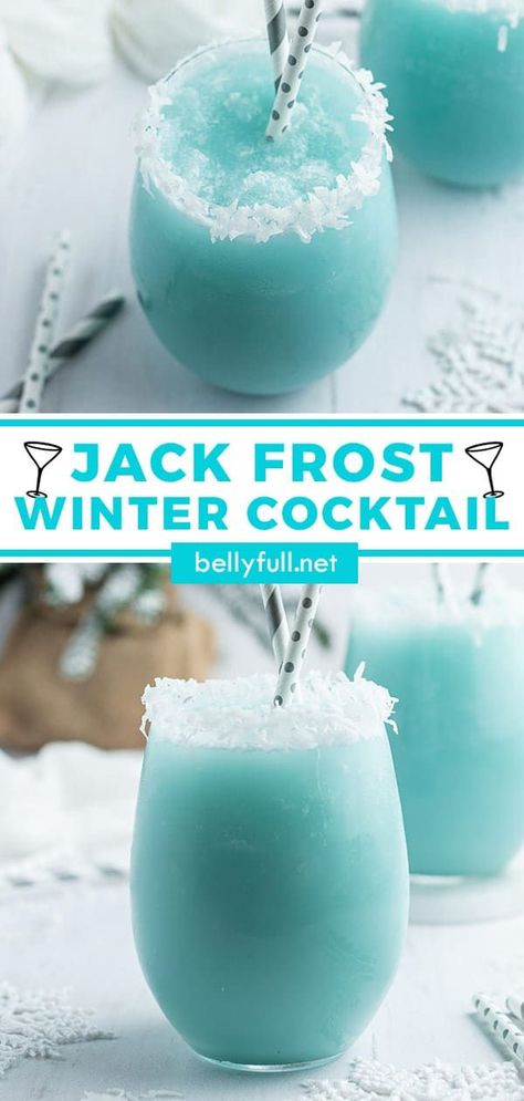 This Jack Frost Winter Cocktail recipe is so festive, pretty, and delicious! It tastes like a piña colada, but Blue Curacao and sweet shredded coconut give it that fun wintery look. A perfect holiday drink that takes only minutes to whip up! Christmas Drinks Alcohol Recipes, Xmas Drinks, Christmas Drinks Recipes, Christmas Drinks Alcohol, Winter Cocktails Recipes, Winter Cocktail, Cocktail Drinks Alcoholic, Mixed Drinks Alcohol, Yummy Alcoholic Drinks