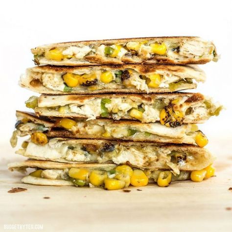 These smoky Roasted Corn Quesadillas are a fast and filling lunch that can be kept in the freezer for fast meals. BudgetBytes.com Corn Quesadilla, Corn Chicken, Budget Bytes, Cooking For A Crowd, Roasted Corn, Corn Recipes, Yummy Chicken Recipes, Cooking On A Budget, Budget Friendly Recipes