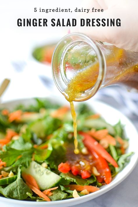 This homemade ginger dressing is a super easy and healthy alternative to hibachi style salad dressing. It works with any Asian inspired salad and it’s naturally vegan (swap the soy to make it gluten free). #dressing #ginger Kale Salad Dressing, Ginger Salad Dressing, Ginger Salad, Ginger Salad Dressings, Asian Inspired Salad, Salad Kale, Salad Dressing Recipe, Ginger Dressing, Brussel Sprout Salad