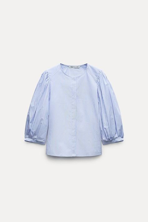 ZW COLLECTION STRIPED POPLIN BLOUSE - striped | ZARA Spain Fluffy Sleeves, Striped Tops, Poplin Blouse, Chic Shirts, Zara Blouse, Crochet Jacket, Clothes Shopping, Zara Woman, Poplin Shirt