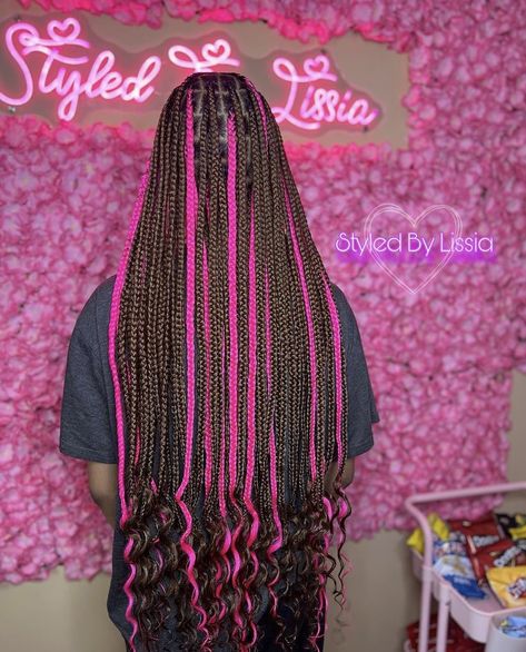 32. Knotless Braids with Hot Pink Highlights : Express your joyful side with hot pink knotless highlights. A flirty and stylish choice. Pink And Black Medium Knotless Braids, Hair Colors For Knotless Braids, Pinkaboo Braids, Knotless Box Braids Pink And Black, Braids Hairstyles Color Ideas, Black Color Hairstyles Medium, Smedium Knotless Peekaboo Braids, Multicolor Knotless Box Braids, Purple And Pink Knotless Braids