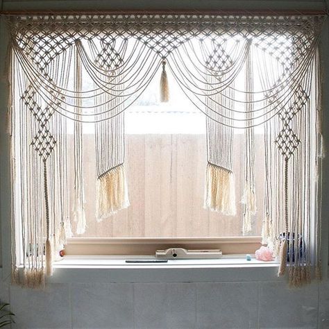 30 Pretty Crochet Window Curtain Ideas for Your Interior Design - Matchness.com Macrame Window Curtain Tutorial, Macrame Curtain Tutorial, Crochet Curtain Pattern, Pola Macrame, Macrame Wall Hanger, Layered Curtains, Pretty Crochet, Macrame Wall Hanging Diy, Macrame Curtain