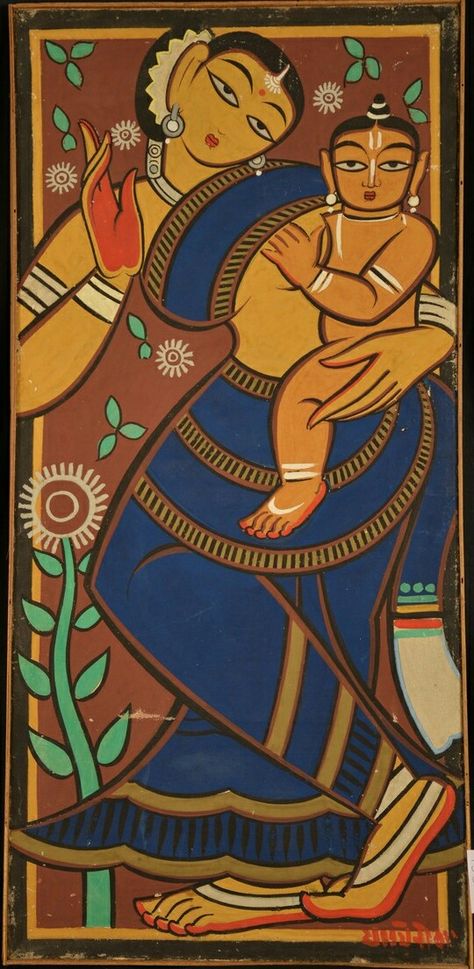 Mother and Child Artist- Jamini Roy Pic. Credit Bharat Kala Bhavan, BHU Jamini Ray Painting, Jamini Roy Krishna Painting, Jamini Roy Art, Jamini Roy Paintings Folk Art, Jamini Roy Paintings, Bapu Paintings, Kalighat Paintings, Jamini Roy, Mughal Miniature Paintings