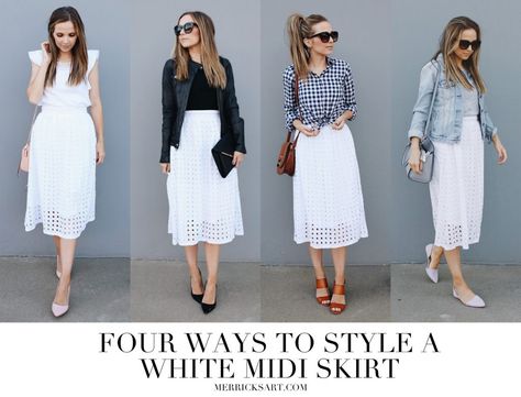 Merrick's Art // Style   Sewing for the Everyday Girl4 WAYS TO STYLE A WHITE SKIRT | Merrick's Art White Prairie Skirt Outfit, White Midi Skirt Outfit, White Skirt Outfit Summer, White Skirt Outfit, White Skirt Summer, White Eyelet Skirt, White Skirt Outfits, Merricks Art, Skirt Outfit Summer