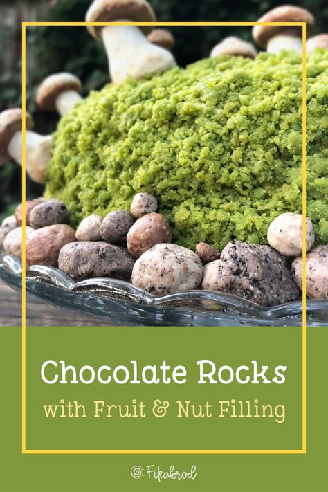 Perfect for any natural-themed cake, these no-bake chocolate rocks come together easily. ♥︎ fikabrodbox.com #ediblerocks Nature Themed Cake, Geology Cake, Nature Cake, Condensed Milk Cookies, Chocolate Rocks, Cake Craft, Chocolate Wafers, Cherry Tart, Dried Cherries