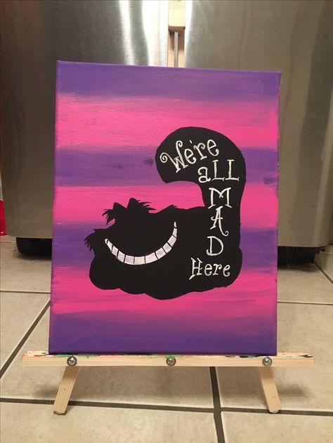 Mad Hatter Painting Easy, Alice In Wonderland Wall Painting, Alice In Wonderland Canvas Painting Easy, Cheshire Cat Painting Acrylic, Cheshire Cat Painting Easy, Alice Painting, Were All Mad Here Painting, Cheshire Cat Painting, Alice In Wonderland Painting Ideas