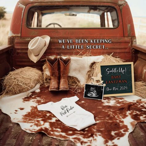 Demo link: https://www.corjl.com/d/182FD6 Let your loved ones on social media know that they'll need to saddle up because you've been keeping a little secret with our first rodeo baby announcement. Our cowboy western pregnancy announcement is also digital, self-editing, gender neutral, and perfect for rusty red farm truck lovers. Enjoy! Please be aware that you will NOT receive a physical copy of the photo via mail. This is a square 10.66 x 10.66-inch digital image that you'll be able to edit us Farm Help On The Way Announcement, Car Themed Baby Announcement, A Cowboy Is On The Way, Preg Announcement Ideas, Rodeo Gender Reveal Ideas, Country Theme Baby Shower Ideas, Western Baby Announcement Photos, Western Gender Reveal Ideas For Party, Country Baby Stuff