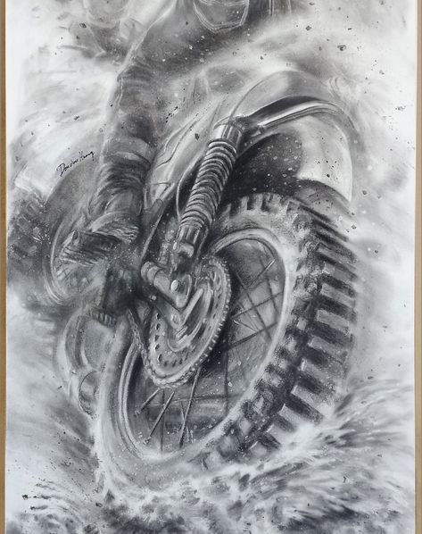 Wind Chaser 63cm (W) x 139cm (H) x 0.2cm (D) Charcoal drawing on paper Signed on the front. Viewed from a low-angle perspective from the back, that creates the sensation of following the rider, allowing you to feel the power of the motorcycle and the immediate force of acceleration. The technique of using charcoal powder to emulate the dry brush and burnt ink methods found in traditional Chinese painting brings out the intricate details of the wheels and mud. It is this very mud and dust t... Motorcycle Drawing, Charcoal Powder, Drawing On Paper, Low Angle, Dry Brush, Charcoal Drawing, Chinese Painting, Dry Brushing, Traditional Chinese