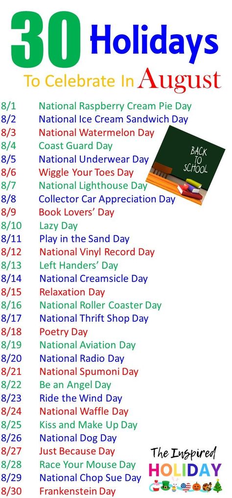 30 holidays to celebrate this August. Learn about all the silly and wacky holidays to celebrate during the month of August this year. #wackyholidays #augustholidays #sillyholidays #celebrations August Ideas Inspiration, August Senior Activities, National Celebration Days, Monthly Holidays, August Ideas, National Holiday Calendar, National Aviation Day, Funny Holidays, August Events