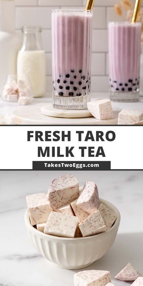 This taro milk tea recipe made with real sweet, and creamy taro root, jasmine green tea, and milk is a delicious and vibrant purple drink that tastes better than your local bubble tea shop! This is such an easy drink to make in the comfort of your home and is incredibly refreshing to drink. Taro Tea Recipe, Taro Milk Tea Recipe, Taro Tea, Taro Recipes, Milk Tea Recipe, Tea And Milk, Taro Milk Tea, Taro Bubble Tea, Aesthetic Recipes