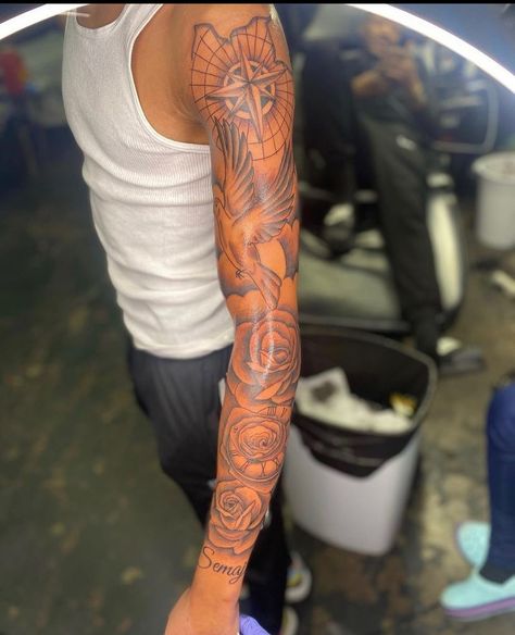 Outer Bicep Tattoo Men, Outer Bicep Tattoos, African Sleeve Tattoo, Half Arm Sleeve Tattoo, Cloud Tattoo Sleeve, Arm Tattoos Black, Bicep Tattoo Men, Black Men Tattoos, Tattoo Ideas Males