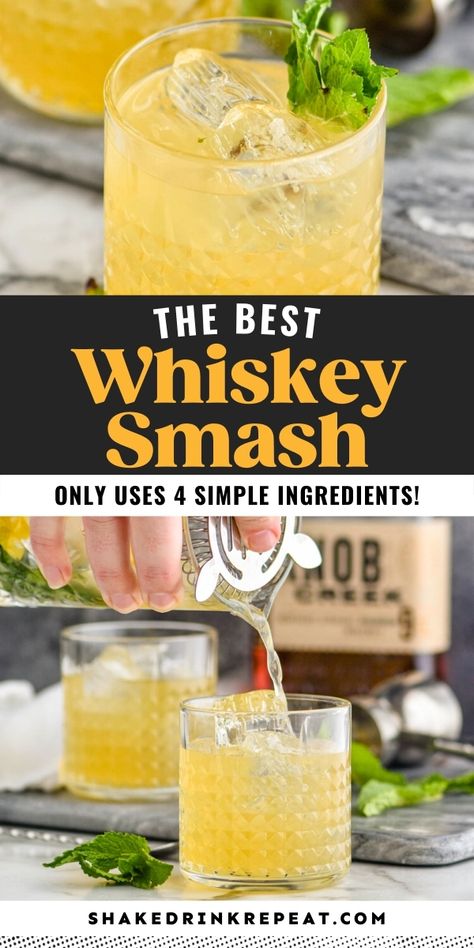 Whiskey Smash Recipe, Whiskey Drinks Simple, Bourbon Mixed Drinks, Whiskey Based Cocktails, Whiskey Cocktails Easy, Whisky Cocktail Recipes, Shake Drink, Whiskey Drinks Recipes, Whiskey Lemonade