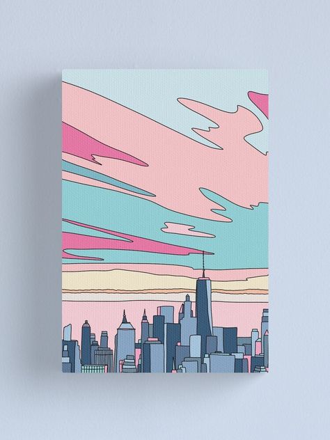 "City sunset by Elebea" Canvas Print by elebea | Redbubble City Sunset Painting Acrylic, City Canvas Painting, Painting Ideas For Home Decor, Canvas Painting Ideas For Kids, City Art Painting, Painting Ideas For Home, Painting City, Gold Art Painting, City Sunset