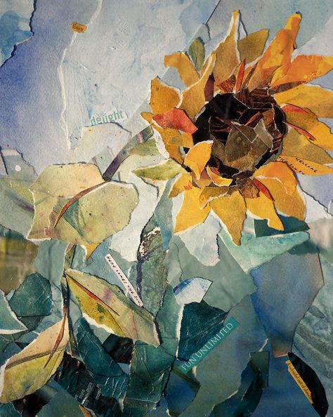 torn paper sunflower collage Paper Mosaic, Collage Art Projects, Flower Collage, Paper Collage Art, Magazine Collage, Colour Ideas, Collage Art Mixed Media, Collage Artwork, Here Comes The Sun