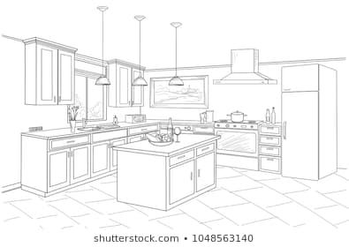 Room Outline, Drawing Furniture, Kitchen Drawing, Furniture Design Sketches, Interior Design Renderings, Drawing Interior, Interior Architecture Drawing, Kabinet Dapur, Interior Design Drawings