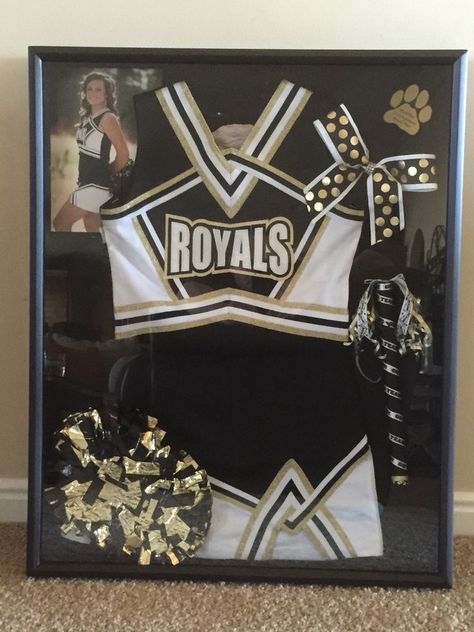 Cheer Memory Ideas, Cheer Shadow Box Ideas Gifts, Cheerleader Shadow Box Ideas, Cheerleading Shadow Box Ideas, Cheer Bow Shadow Box Ideas, Cheerleading Room Ideas, Cheer Display Ideas, Dance Shadow Box Ideas, Cheer Uniform Shadow Box Ideas