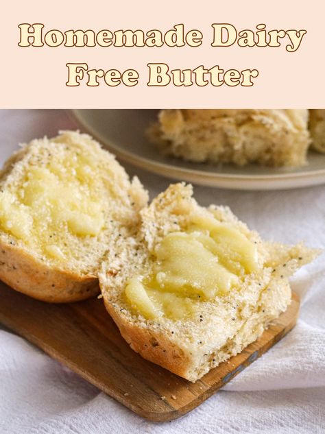 Make your own plant based, dairy free vegan butter at home! It's creamy and smooth, and can be used anywhere that you would typically use regular or store bought plant based butter. This uncomplicated recipe is dairy free and plant based, and does not require any soy or nut products. #butterrecipe #veganbutter #bestplantbasedrecipes #dairyfree #dairyfreebutter #buttery #plantbasedrecipes #plantbased #dairyfreerecipes Non Dairy Butter Recipe, Homemade Dairy Free Butter, Vegan Butter For Baking, Plant Based Butter Recipe, Homemade Vegan Butter Recipe, Diy Vegan Butter, Nut Free Butter, Dairy Free Side Dishes, Dairy Free Butter Recipe