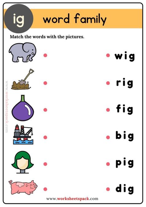 Free Ig Word Family Matching Exercises - Printable and Online Worksheets Pack Ig Family Words, Ag Word Family, Ig Word Family, Word Families Printables, Family Words, Phonics Reading Passages, Phonics Cvc, Word Family Activities, Cvc Words Worksheets