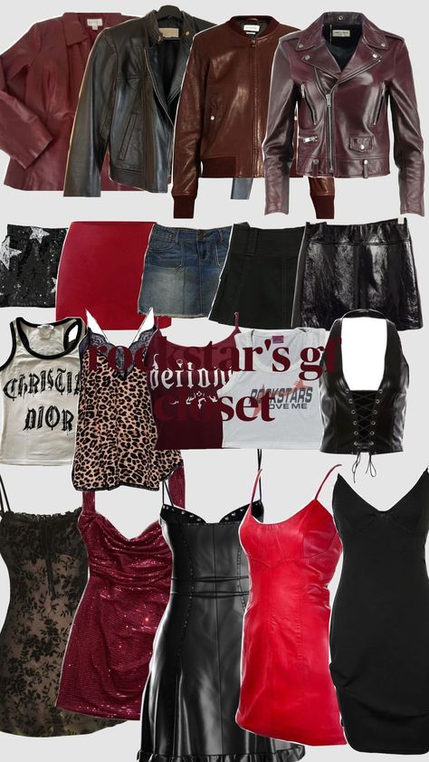 Rockstar's gf closet. MUSTS!! #rockstargf #rockstar #clothes #red #black #closet #rocknroll #rocknrollgf #bands #outfits Y2k Clothes Grunge, Rockstar Gf Pants, Rockstar Formal Outfit, Rockstar Girlfriend Party Outfit, Rockstar Looks Women, Rockstar Gf Wardrobe, Red Rockstar Outfit, Rock Star Girlfriend Outfit Aesthetic, Rockstar Girlfriend Moodboard