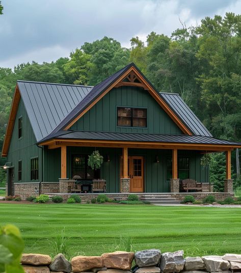 Green Metal House Exterior, Copper Roof Barndominium, Dark Green Barndominium, Barndominium Ideas Exterior Colors, Barndo Plans, Paint Color Ideas, Pole Barn House Plans, Barn Style House Plans, Exterior Paint Color