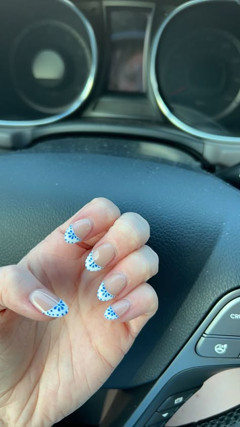 French tip coastal granddaugter blue and white nails Nails For Blue And White Dress, Light Blue Beachy Nails, French Tip With Blue Dots, White French Tip With Blue Dots, White French Tip With Blue Line, White And Blue Acrylics, Light Blue Design Nails, Blue And White Graduation Nails, French Tip With Blue Design