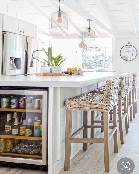 Actually Ashley on Instagram: “Loving this calm, cool and collected kitchen that is making me want to move to the beach #igdecor #southernliving #whitedecor…” Built In Wine Fridge Island, Diy Kitchen Island With Wine Fridge, Kitchen Island With Bar Fridge, Bar Fridge In Kitchen Island, Fridge In Island Kitchen, Kitchen Island Fridge, Island Wine Fridge, Kitchen Island Ideas With Wine Fridge, Wine Fridge Kitchen Island