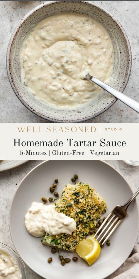 This Creamy Homemade Tartar Sauce is the unsung hero of an abundance of seafood dishes, from fish and chips, to crab cakes, and baked seafood. It's made with a mayonnaise base, has a bright, tangy taste, and is mildly sweet thanks to relish or chopped pickles. A perfect condiment! Gluten-free. #wellseasonedstudio #tartarsauce #tartar #sauce #saucerecipe Parmesan Crusted Cod, Make Tartar Sauce, Baked Seafood, Tartar Sauce Recipe, Fish Taco Sauce, Shrimp Cakes, Homemade Tartar Sauce, Remoulade Sauce, Salmon Cakes