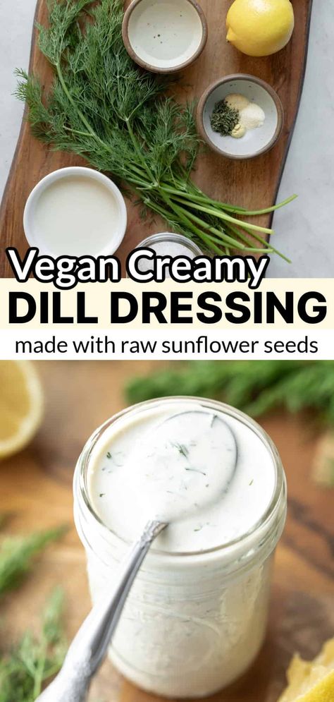 This creamy dill salad dressing is dairy-free and made from scratch with affordable, healthy ingredients. No mayo, yogurt, or sour cream needed! With plenty of fresh dill, a hint of savory garlic, and the zip of fresh lemon, you'll love this versatile sauce on salads, potatoes, roasted veggies and more! Creamy Dill Salad, Creamy Dill Dressing Recipe, Dill Salad Dressing, Dill Dressing Recipe, Dairy Free Salad Dressing, Creamy Dill Dressing, Vegan Salad Dressing Recipes, Dairy Free Dressing, Oil Free Salad Dressing