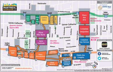 This Map Of Montreal's Underground City Will Help You Navigate Through The Festival d'Art Souterrain - MTL Blog Underground City Montreal, Underground Map, Underground City, Montreal Travel, Eaton Centre, Jacques Cartier, Spring Break Trips, Old Montreal, Underground Tunnels