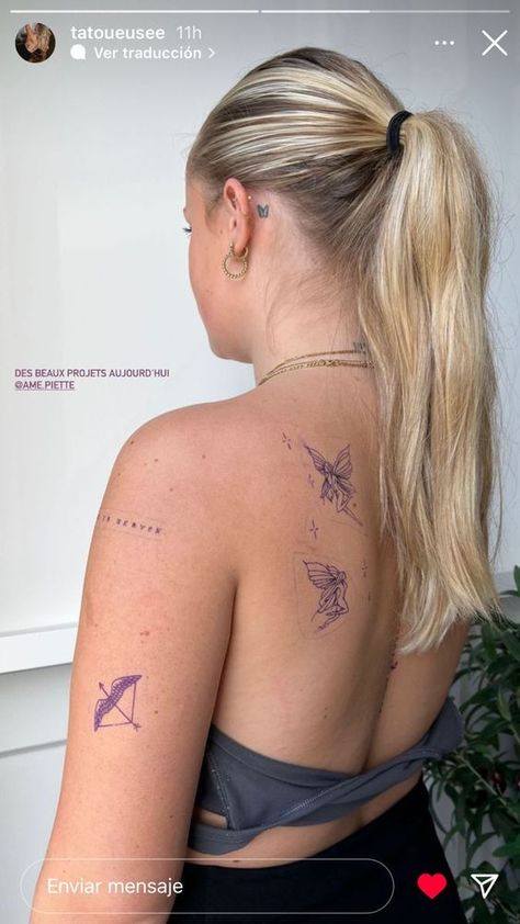 High Shoulder Tattoo, Small Arm Tattoos Black Women, Soft Feminine Tattoo, Fineline Fairy Tattoo, Single Needle Tattoo Ideas Women, Mindset Tattoo, Small Earthy Tattoos, Honey Tattoo, Lucky Tattoo