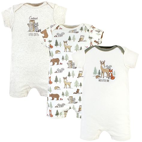 Hudson Baby   Size 6-9M 3-Pack Forest Animals Multicolor Short Sleeve Rompers - Add adorable options to your little one's wardrobe with these Short Sleeve Rompers from Hudson Baby. Featuring cute prints, these comfy, 100% cotton one-piece designs are perfect for all-day wear and have bottom snaps for quick and easy changes. Forest Gender, Registry Checklist, Woodland Critters, Girls Robes, Infant Boy, Cute Prints, One Piece Clothing, Baby Rompers, Hudson Baby