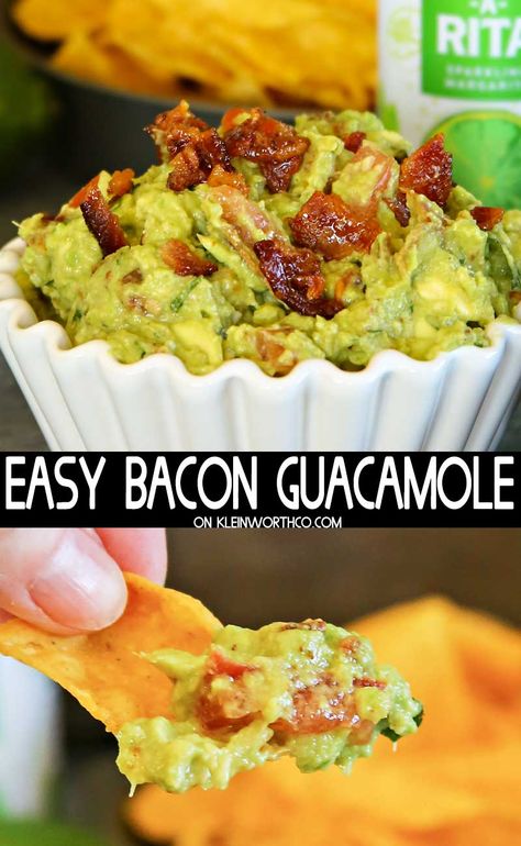 Easy Bacon Guacamole is the perfect snack to serve at all your big game day events. It's loaded with crispy, salty bacon & takes a few minutes to make. Chip Dips, Savory Dips, Bacon Guacamole, Bacon Appetizers, Easy Bacon, Savory Meals, Easy Guacamole, Easy Dips, Amazing Appetizers