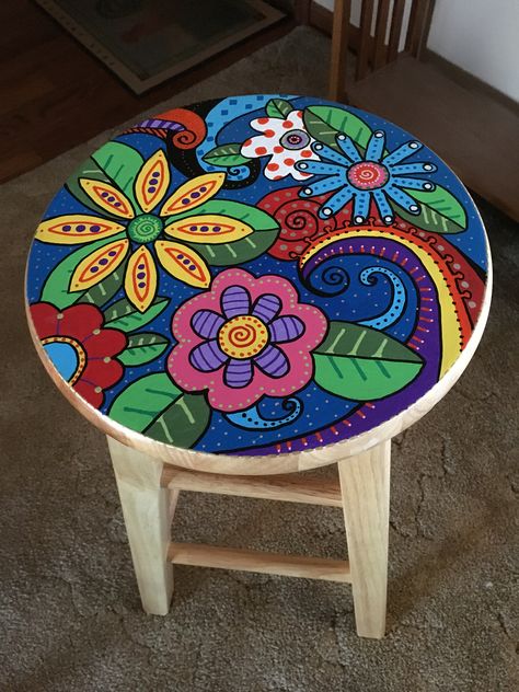 Painted wooden stool. Acrylic paint. Hand Painted Chairs, Painted Stools, Whimsical Painted Furniture, Upcycling Projects, Whimsical Furniture, Painted Chair, Wooden Stool, Painted Chairs, Funky Painted Furniture