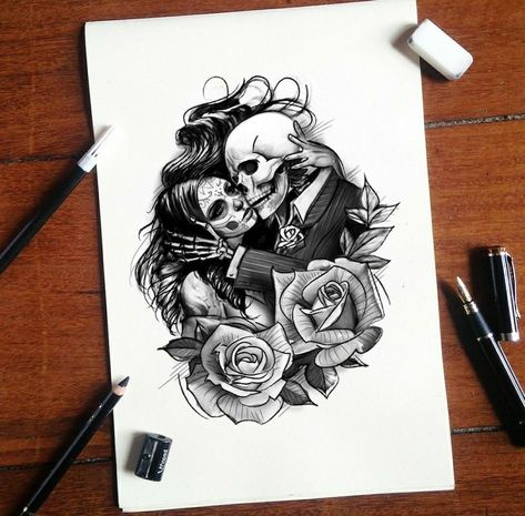 Sugar Skull Couple Tattoo, Skull Lovers Tattoos, Love Skull Tattoo, Skeleton Couple Tattoo, Skull Couple Tattoo, Couple Tattoos Love, Couple Tattoos Unique Meaningful, Skull Love, See Tattoo